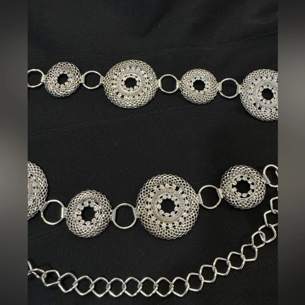 Silver Tone Rhinestone Concho Medallion Belly Body Chain Belt 45”