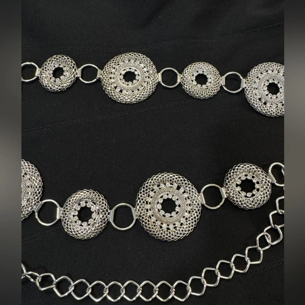 Silver Tone Rhinestone Concho Medallion Belly Body Chain Belt 45”