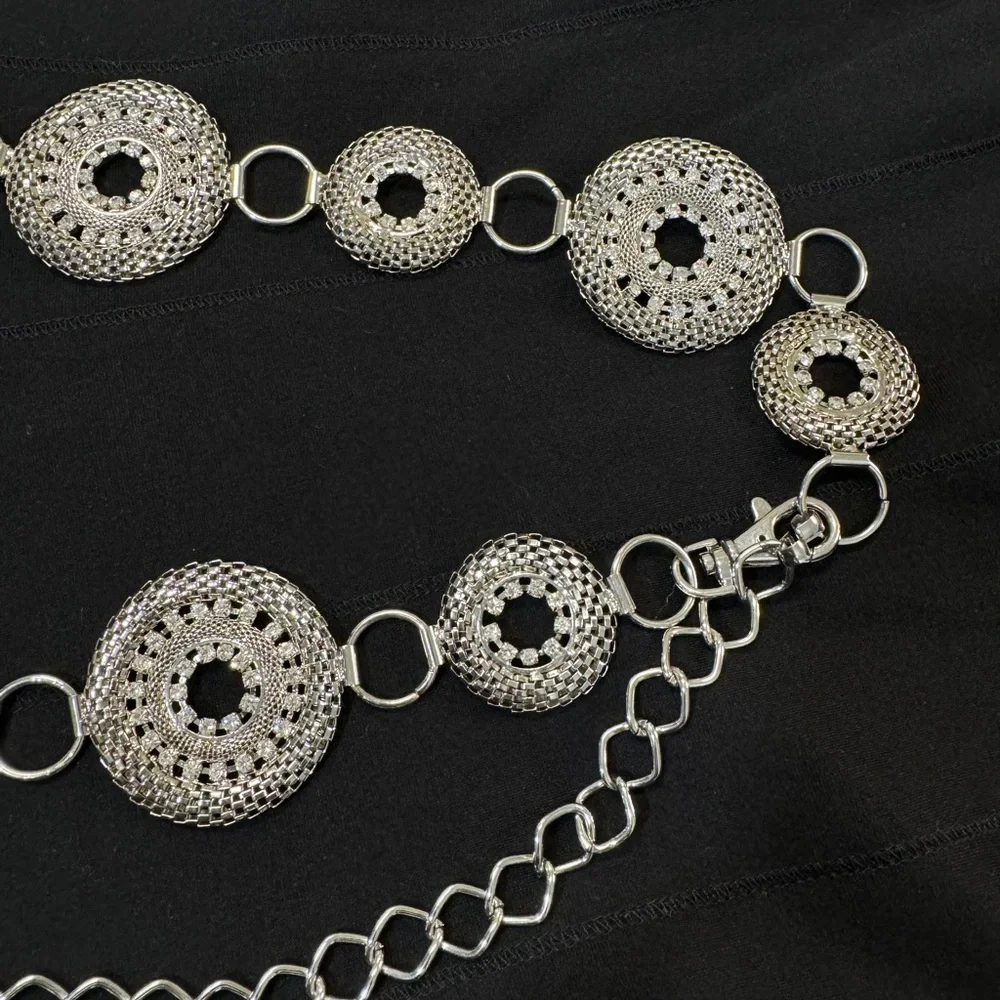 Silver Tone Rhinestone Concho Medallion Belly Body Chain Belt 45”