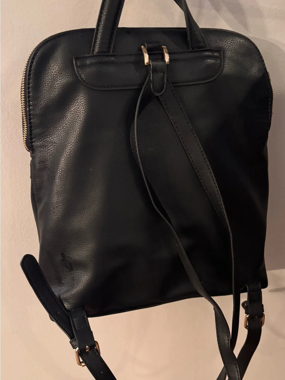 Sleek Black Faux Leather Backpack with Gold Zippers