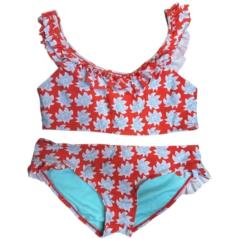 Raisins Girls Coral Blue Floral Print 2 PC Bikini Swimwear GIrls Size 14