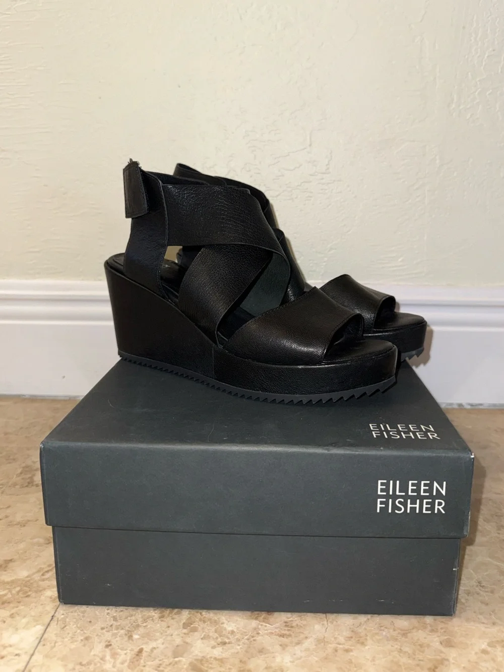 Eileen Fisher Black Leather Crossover Wedge Sandals