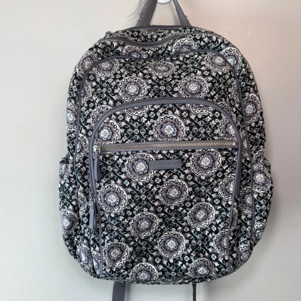 Vera Bradley Charcoal Medallion Paisley Print Campus Backpack Quilted Cotton