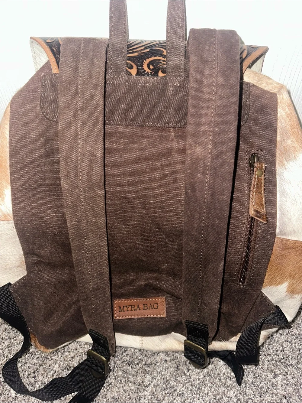 Myra Bag Brown & White Tooled Floral Cowhide Backpack