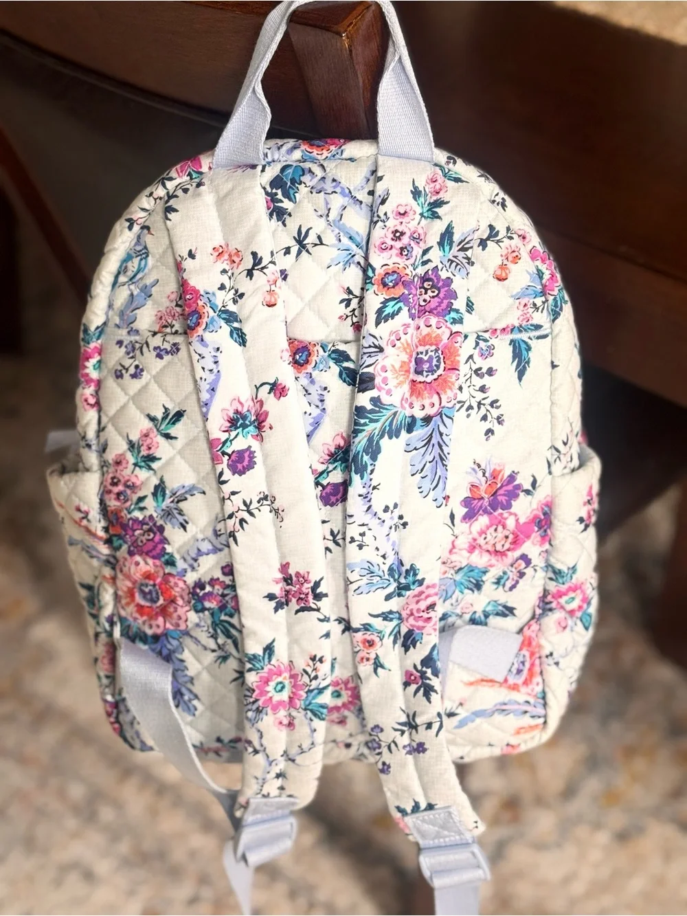 Vera Bradley White Floral Quilted Backpack with Pink and Blue Flowers