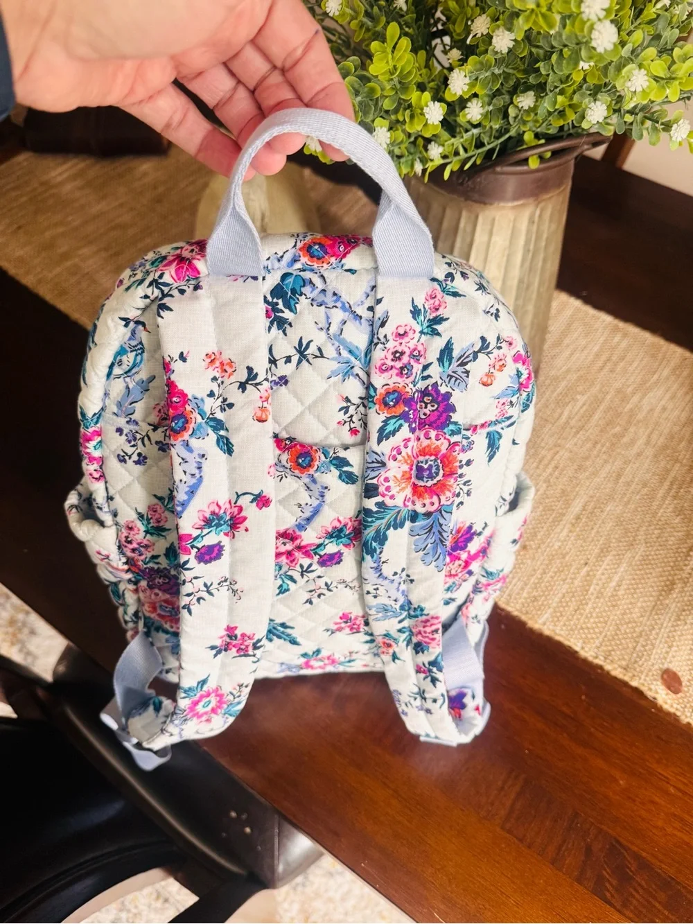 Vera Bradley White Floral Quilted Backpack with Pink and Blue Flowers