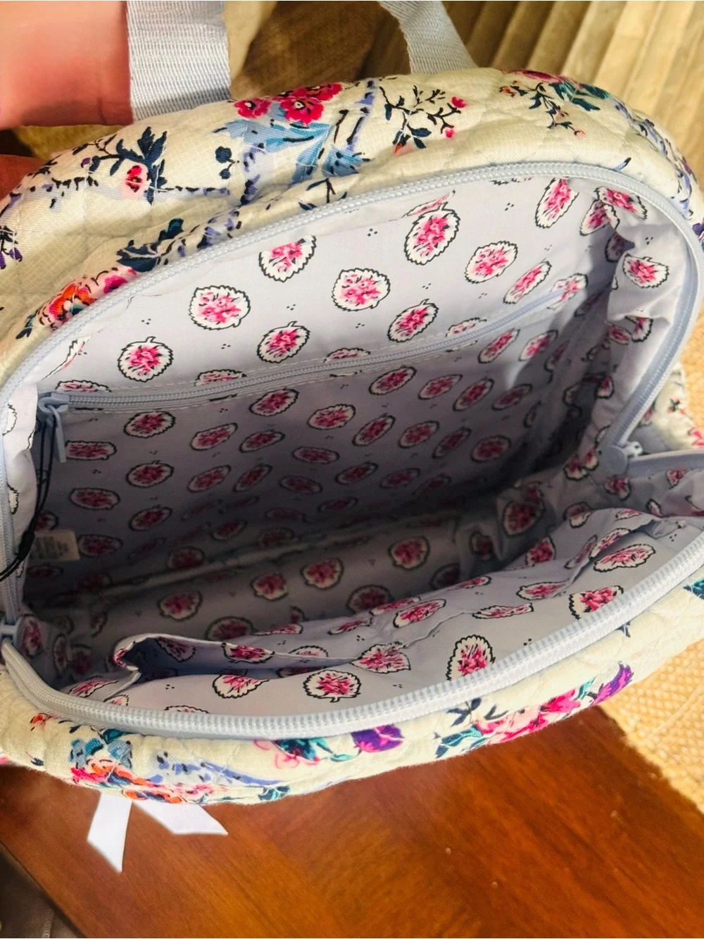 Vera Bradley White Floral Quilted Backpack with Pink and Blue Flowers