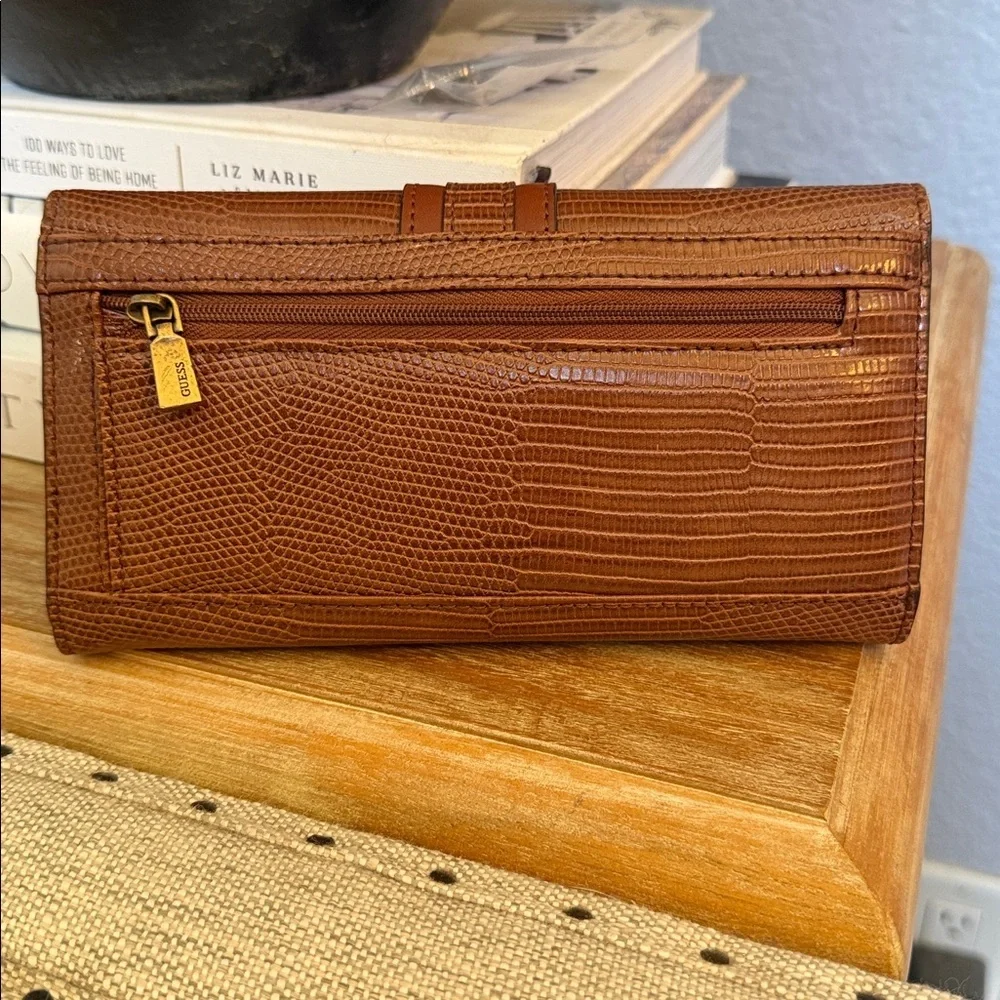 Guess Ginevra Textured Clutch Brown Crocodile Pattern Wallet