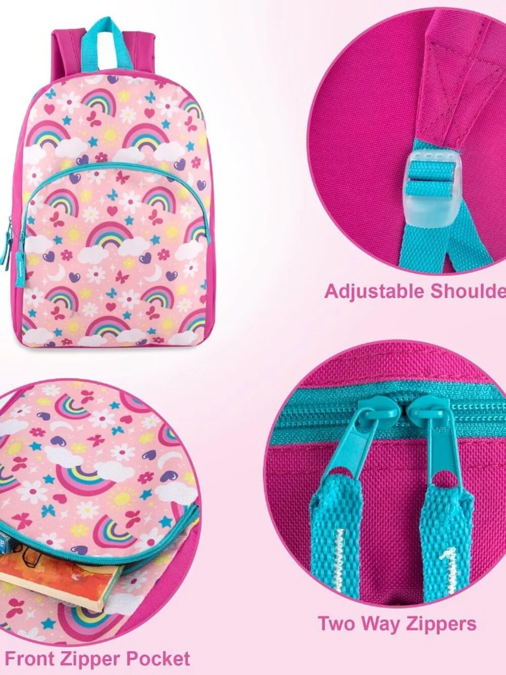 15 Inch Fun Printed Backpack with Front Zippered Pocket & Padded Adjustable Shou