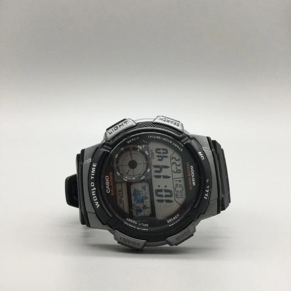 Casio 3198 AE1000W Mens Watch 44mm Black Gray WORLD TIME 5 Alarms Timer