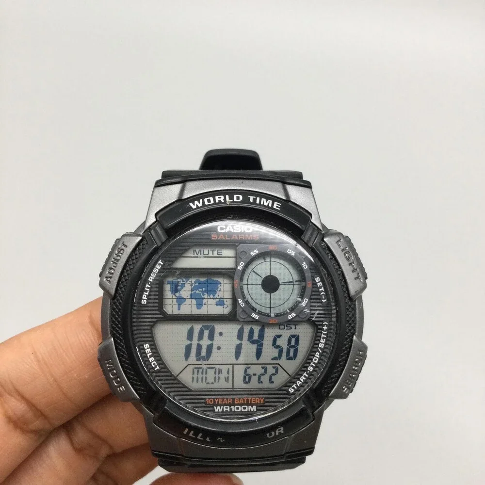 Casio 3198 AE1000W Mens Watch 44mm Black Gray WORLD TIME 5 Alarms Timer