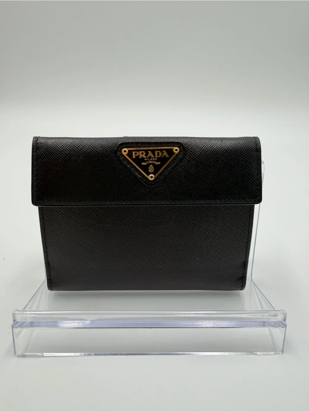 Prada Black Saffiano Leather Compact Wallet with Gold Logo New In Box w/COA