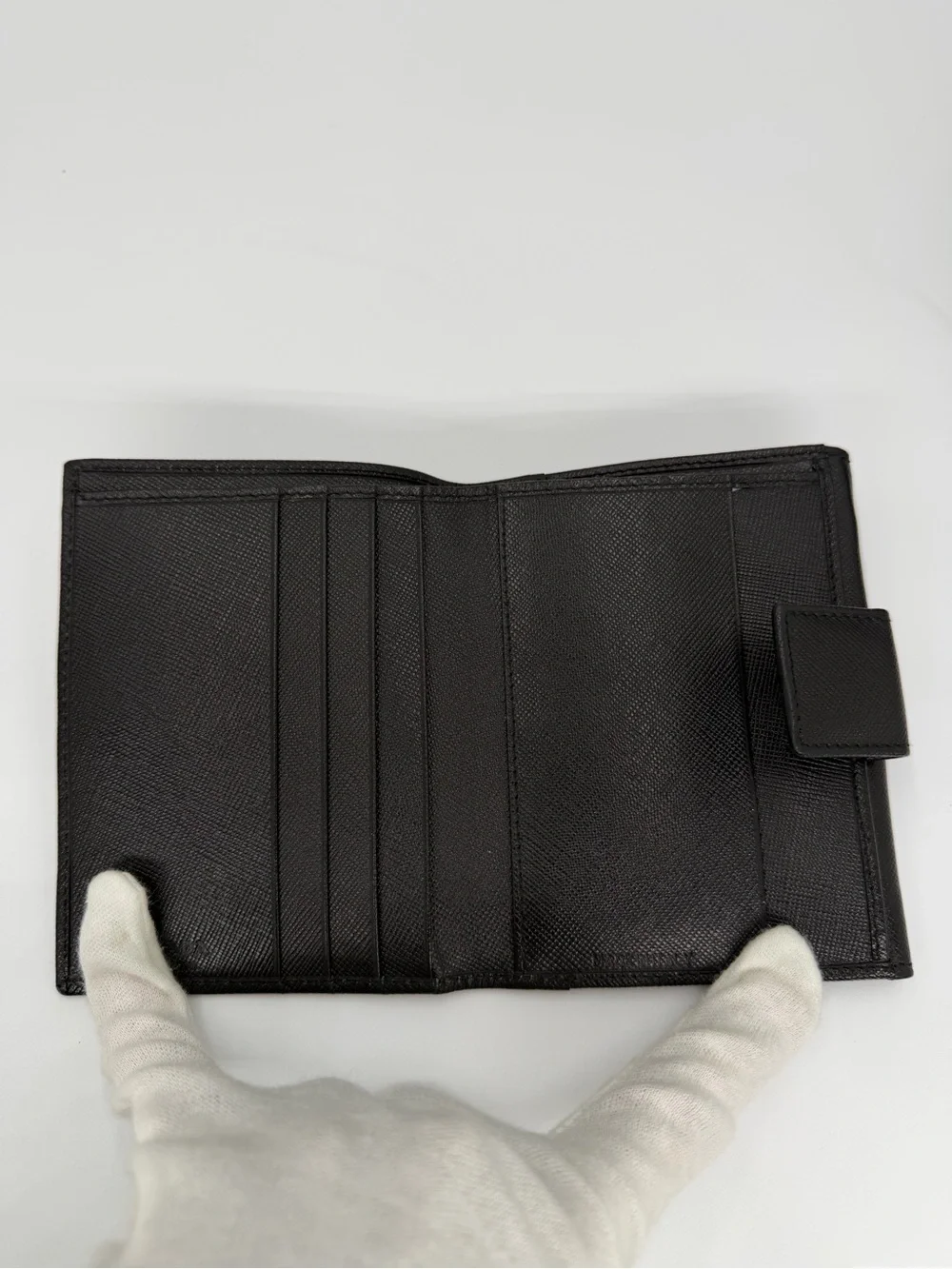 Prada Black Saffiano Leather Compact Wallet with Gold Logo New In Box w/COA