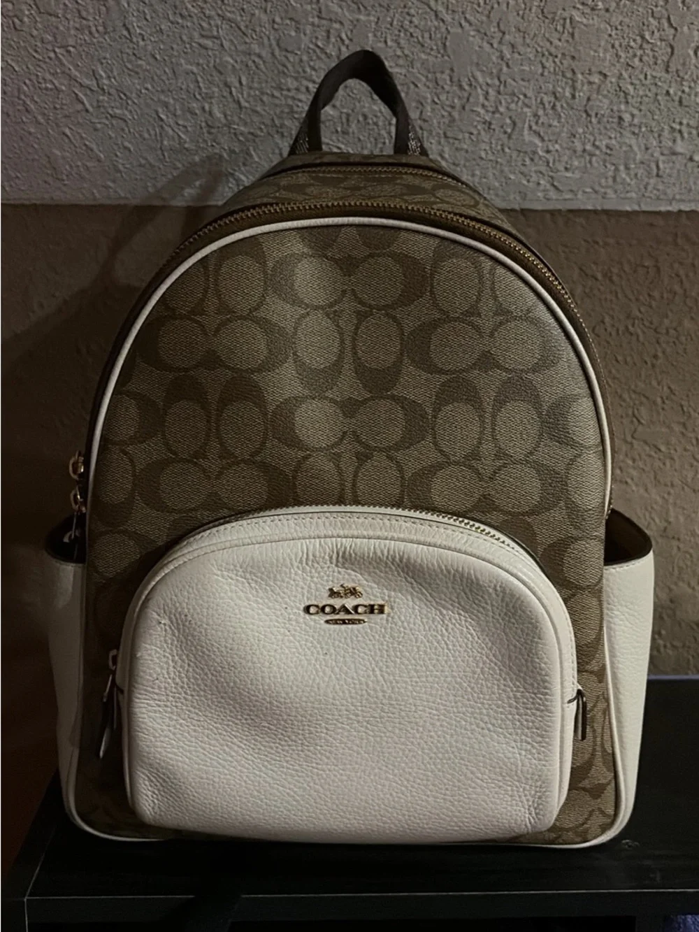 Coach Brown Signature Canvas Backpack with White Leather Pocket