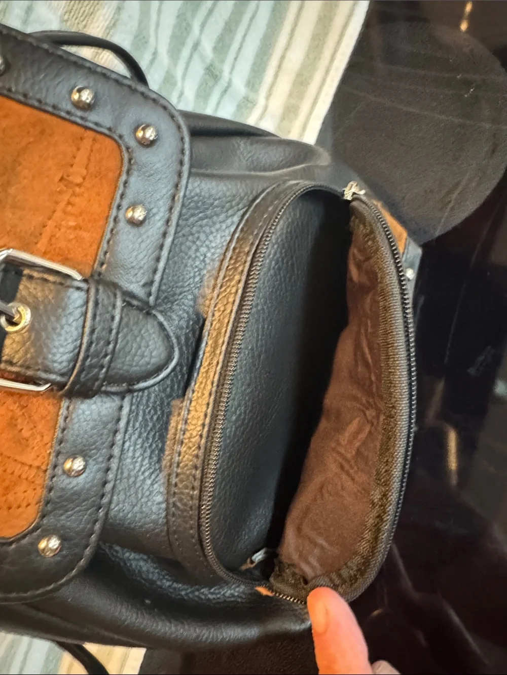Vaan & Co Black and Brown Leatherette Ladies Backpack - Stylish Stud Detail