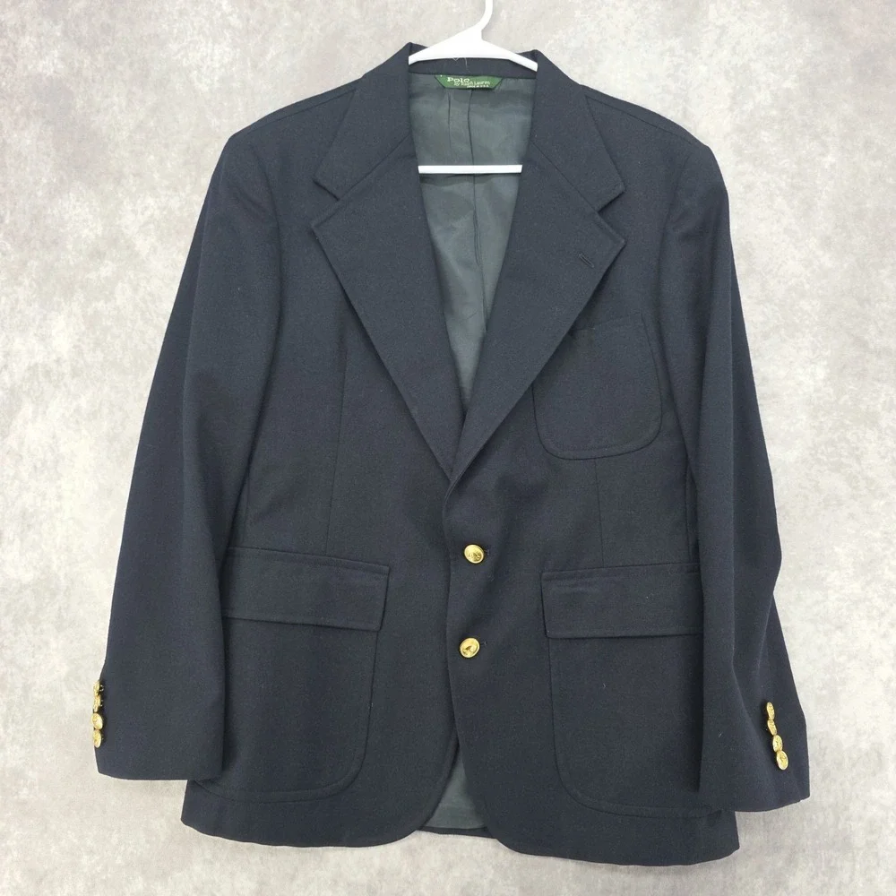 VTG Polo Ralph Lauren Navy Blue Blazer Gold Crest Buttons Made In USA Wool
