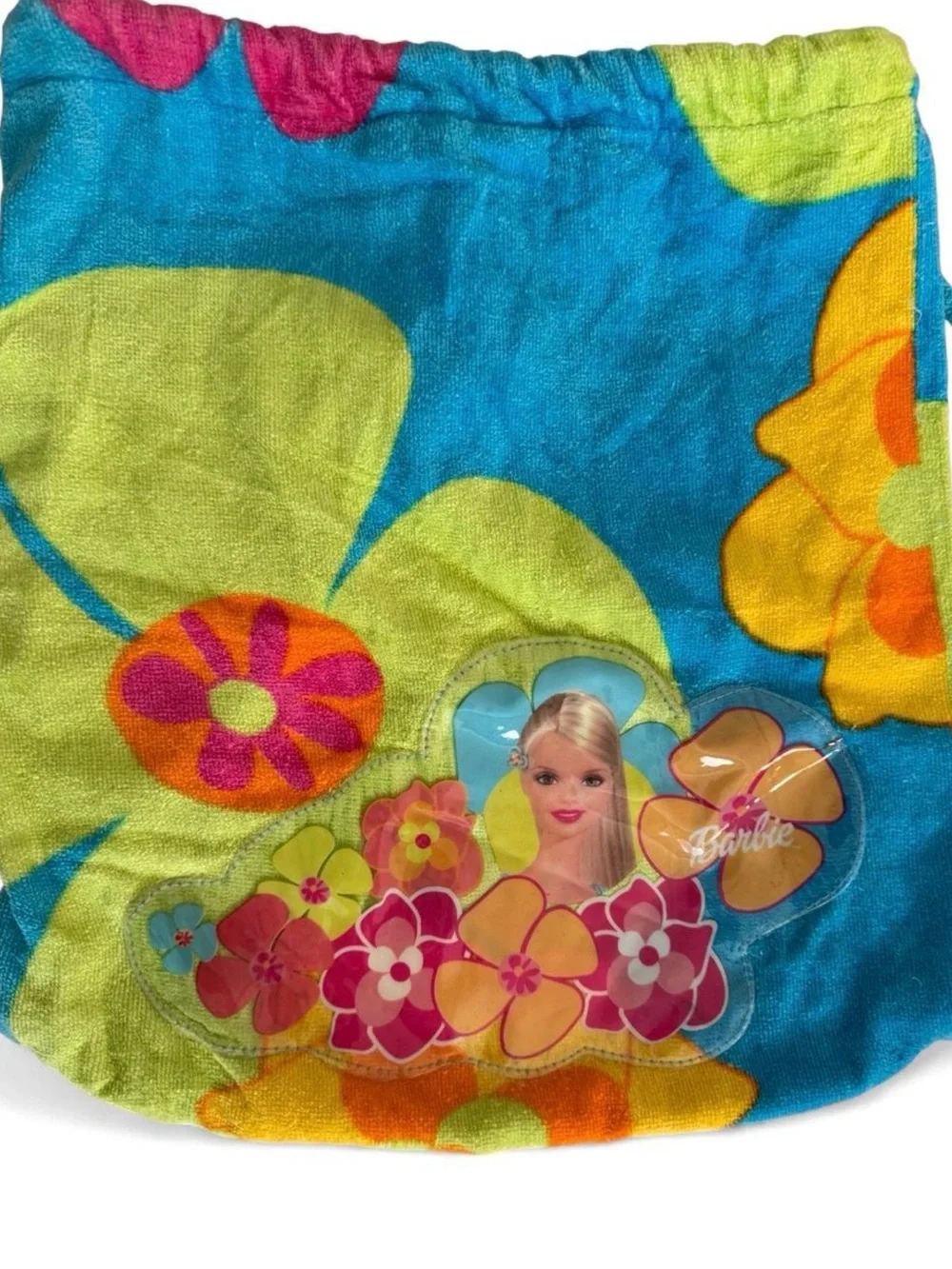 Rare Y2K Barbie Turquoise Floral Drawstring Bag with Lime and Yellow Accents