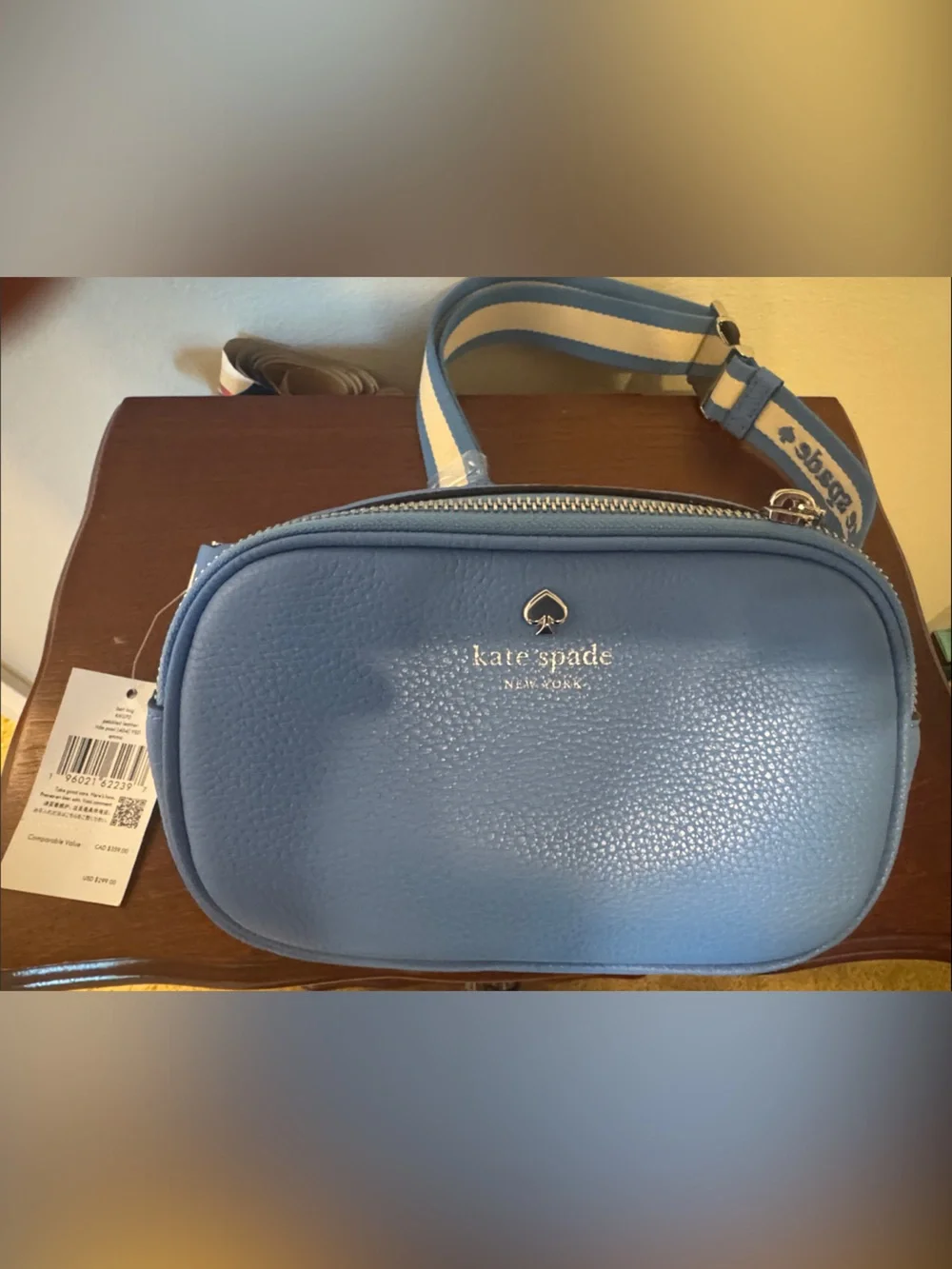kate spade blue pebble leather crossbody with striped strap belt bag. New