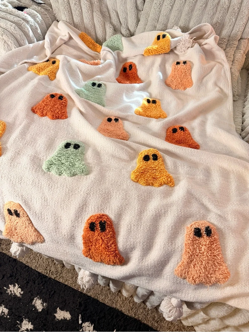 Us Angels Cream Throw Blanket with Orange, Yellow, Green & Peach Ghost Appliqués