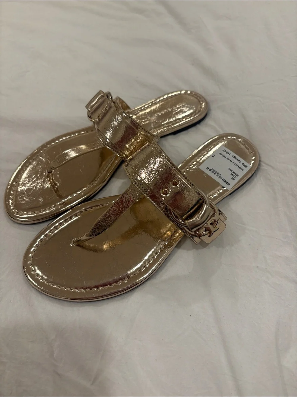 Tory Burch Metallic Rose Gold Thong Sandals with Logo Buckle