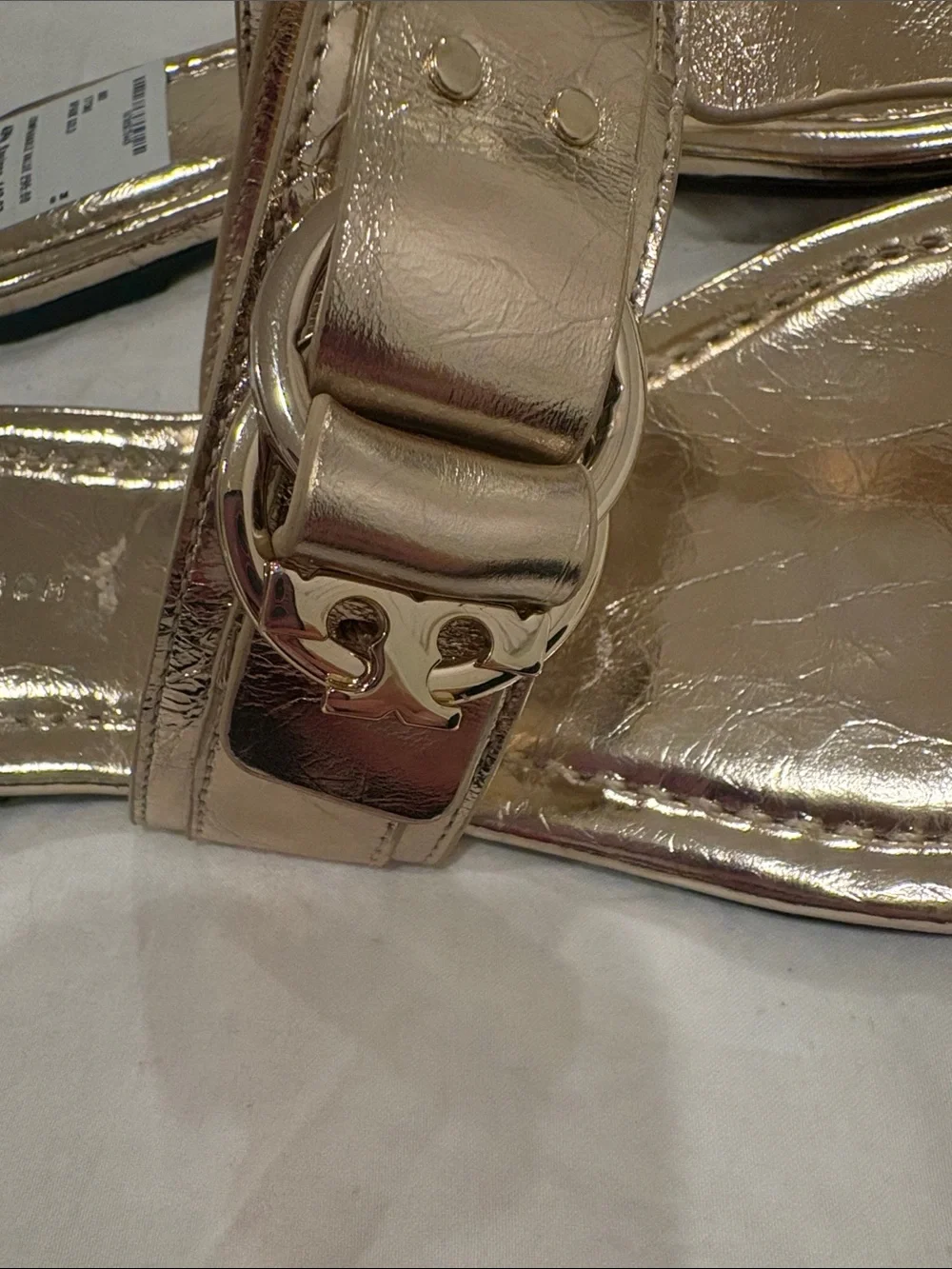 Tory Burch Metallic Rose Gold Thong Sandals with Logo Buckle