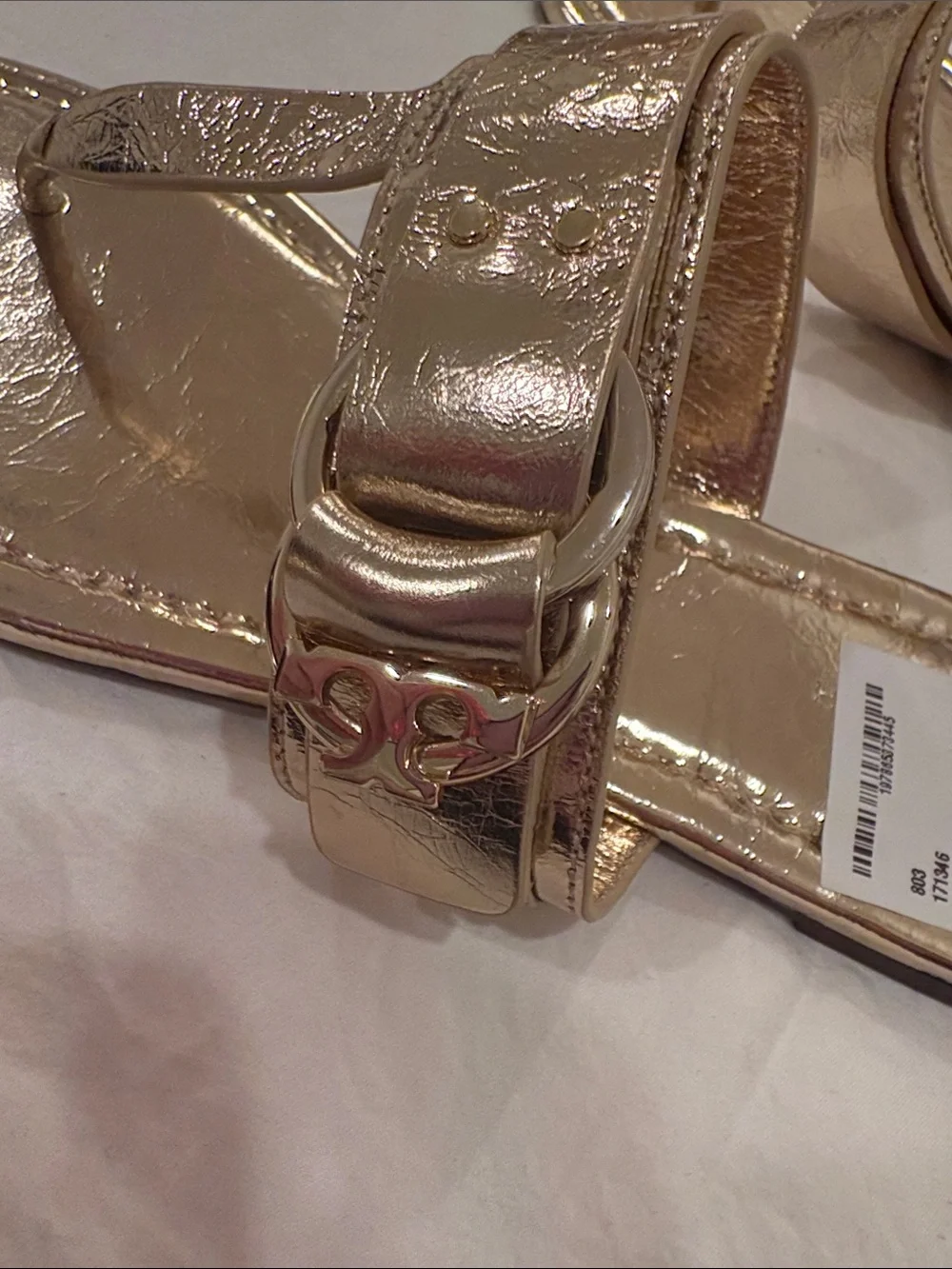 Tory Burch Metallic Rose Gold Thong Sandals with Logo Buckle