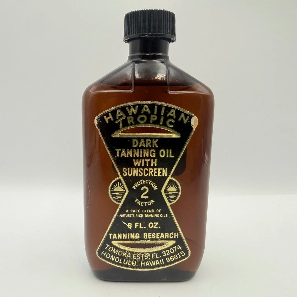Vintage Hawaiian Tropic Dark Tanning Oil 8oz Amber Bottle SPF 2 Ron Rice Retro