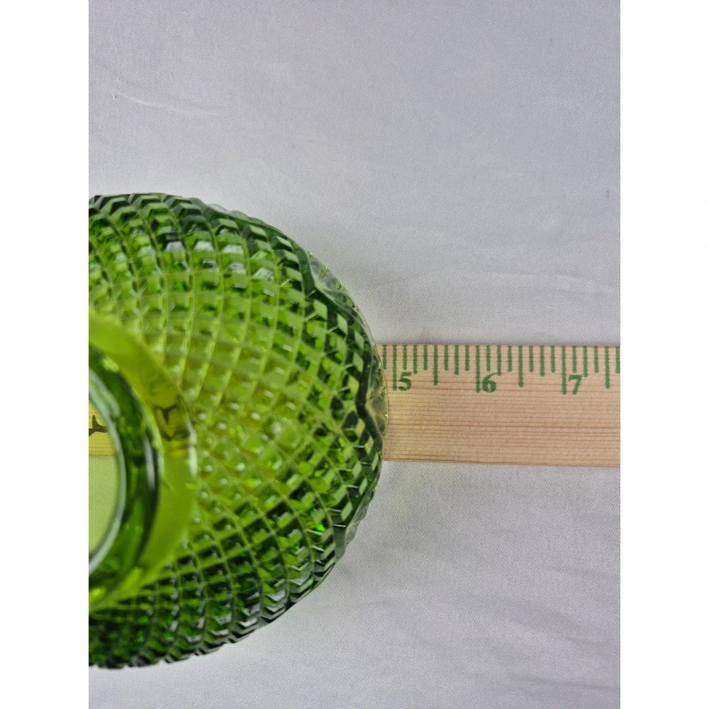 Vintage Green Pressed Glass Fairy Lamp Base Diamond Quilt Candle Holder 3.5 In