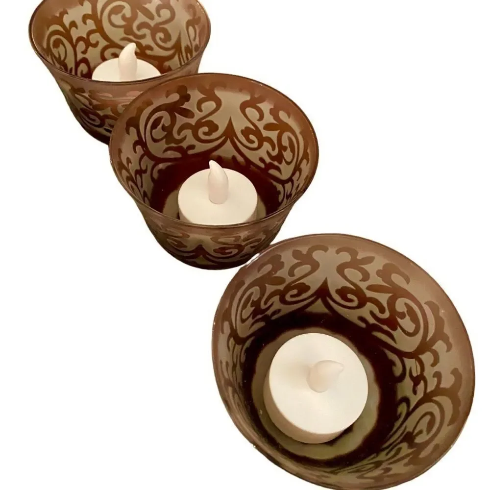 Purple Frosted Etched Glass Set of 3 Tea Light Candle Holders