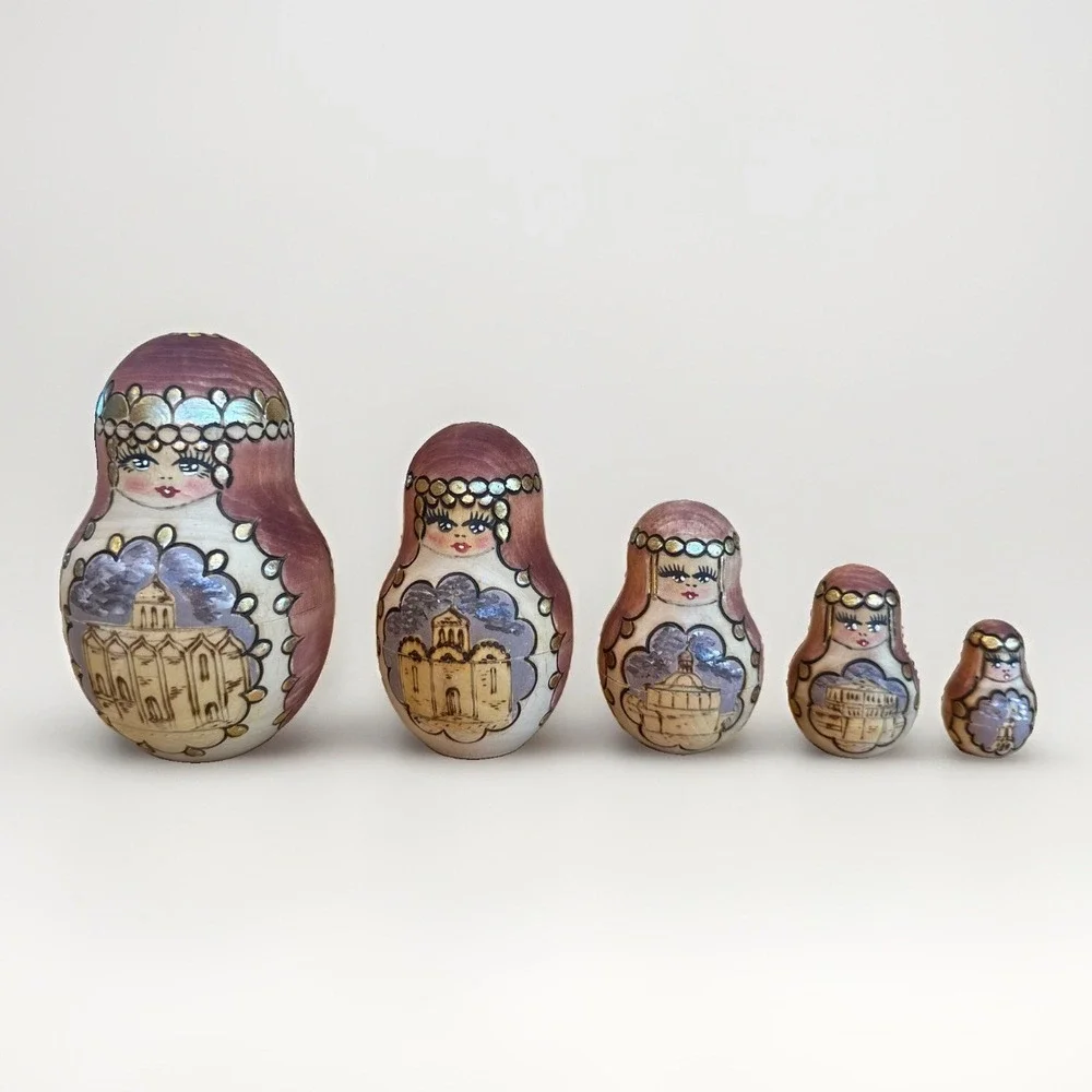 Vintage Russian Matryoshka Nesting Dolls 5pc Hand Painted Wood Burned Set Gold