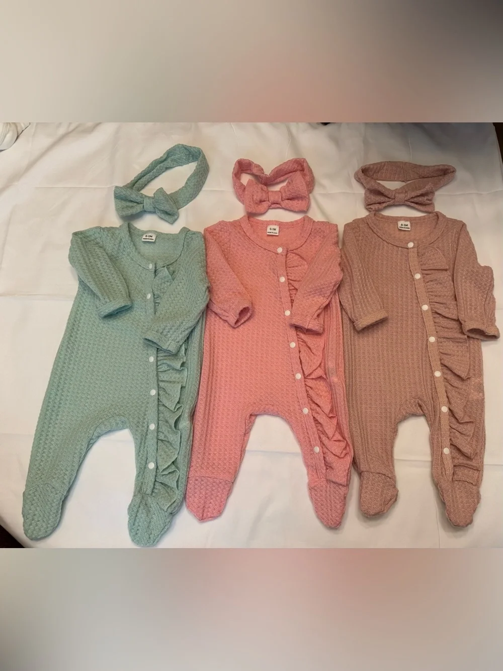 SHEIN set of 3 Baby Knit Ruffle One-Piece’s with matching headbands