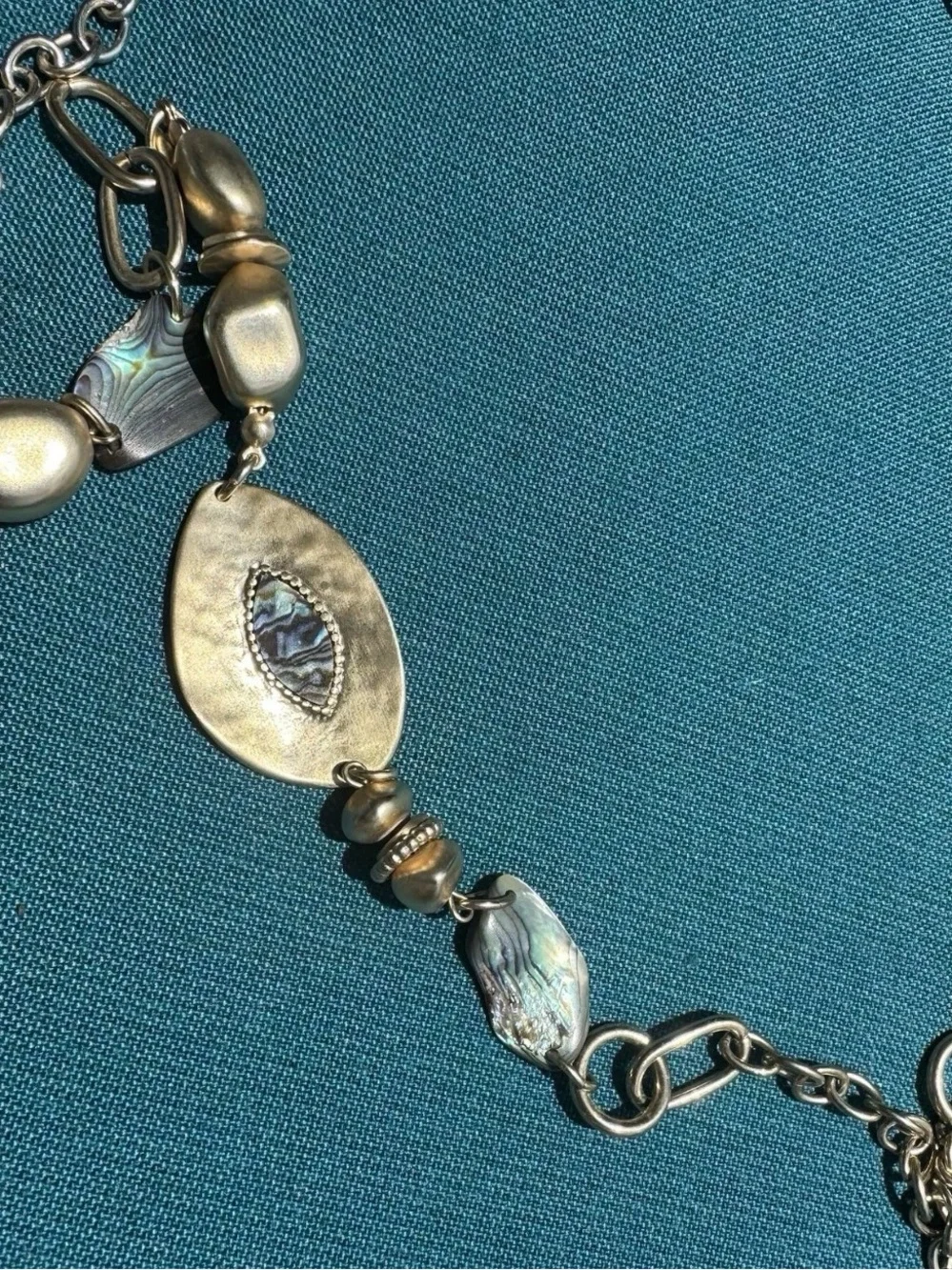 Chico's Medallion Runway Belt Chain Mother of Pearl OS Boho with Lobster Clasp