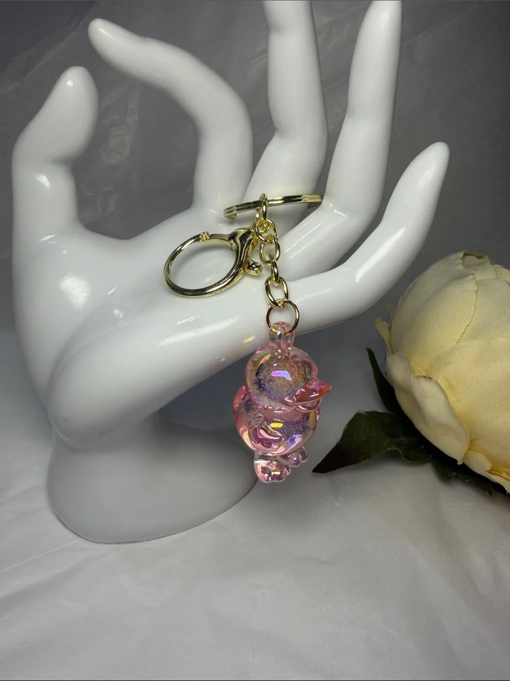 Pink Iridescent Glass Duck Keychain - Gold Hardware