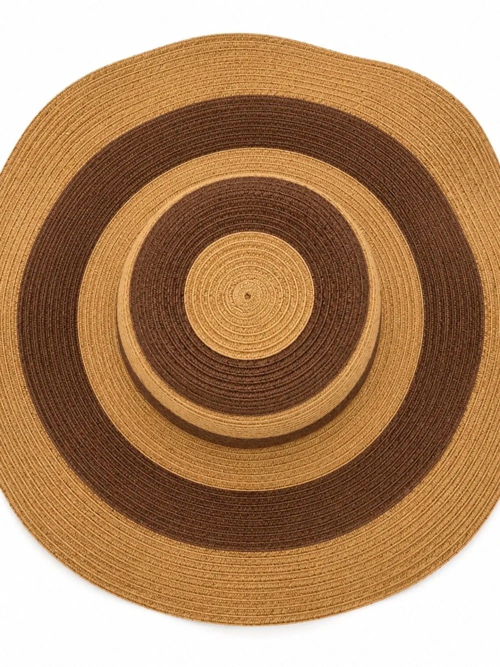 Tan Brown Striped Straw Sun Hat Wide Brim Beach Vacation One Size