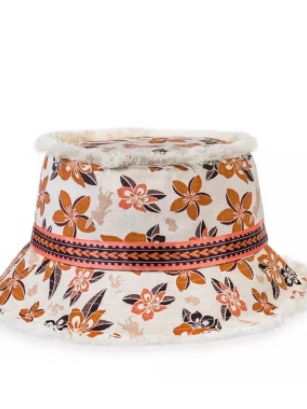 Moana Floral Frayed-Edge Bucket Hat in Cream and Orange