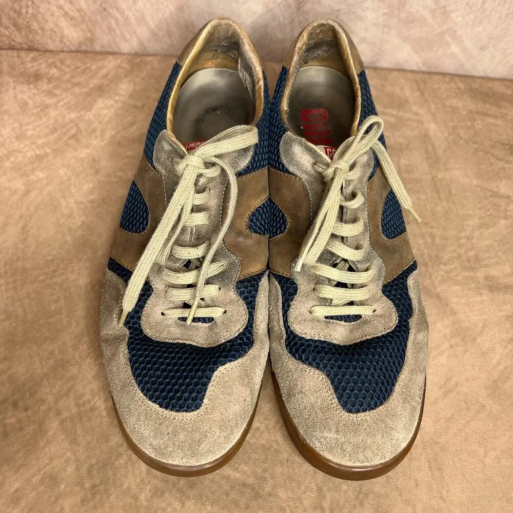 Vintage Y2K Camper Lace Up Lug Sole Suede Sneakers Shoes Tan Blue Retro Sporty