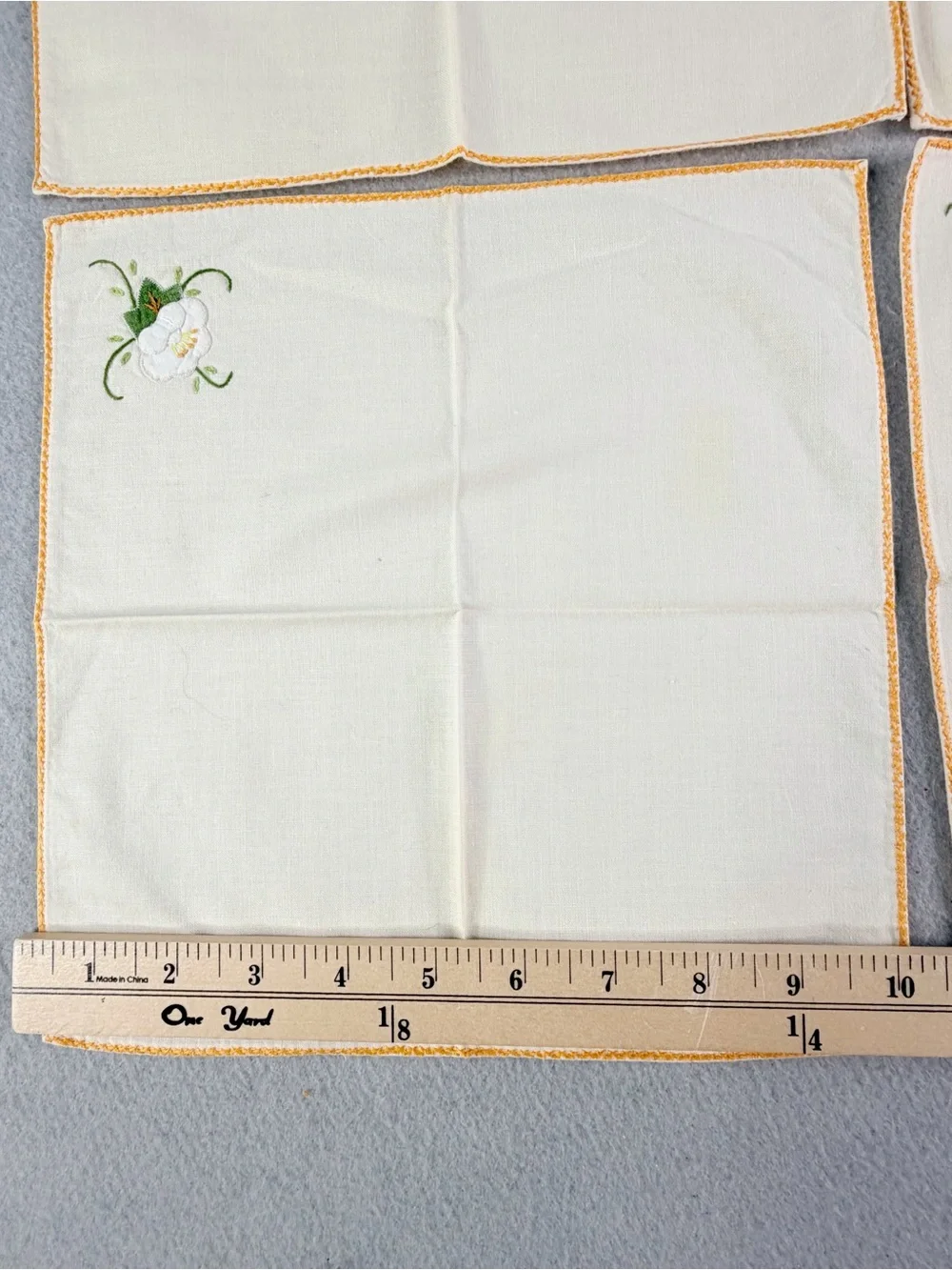 Vintage Ivory Embroidered Napkin Set 4 Floral Appliqué Handmade Cottagecore