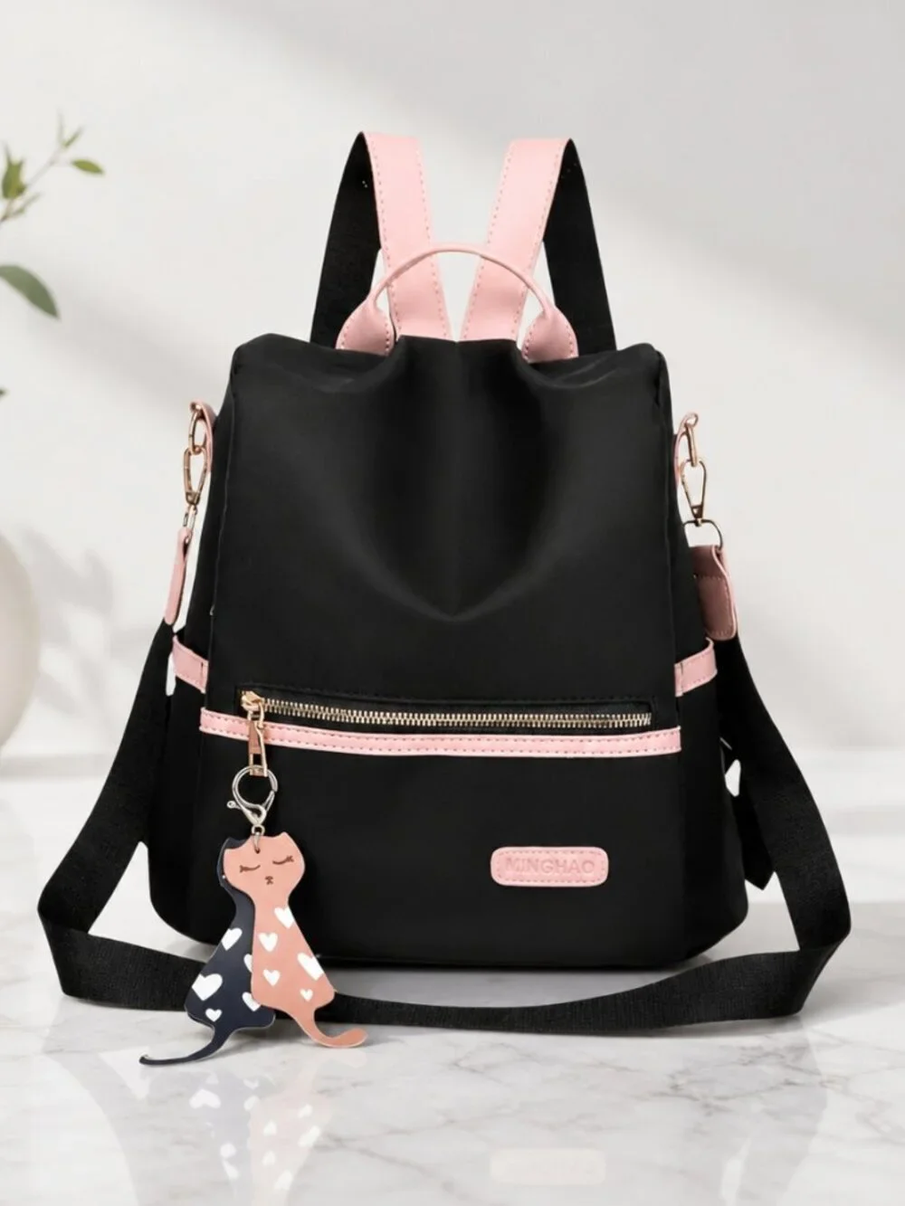 Anti-Theft Convertible Oxford Nylon Backpack Black Pink Cat Charm 3-Way Carry