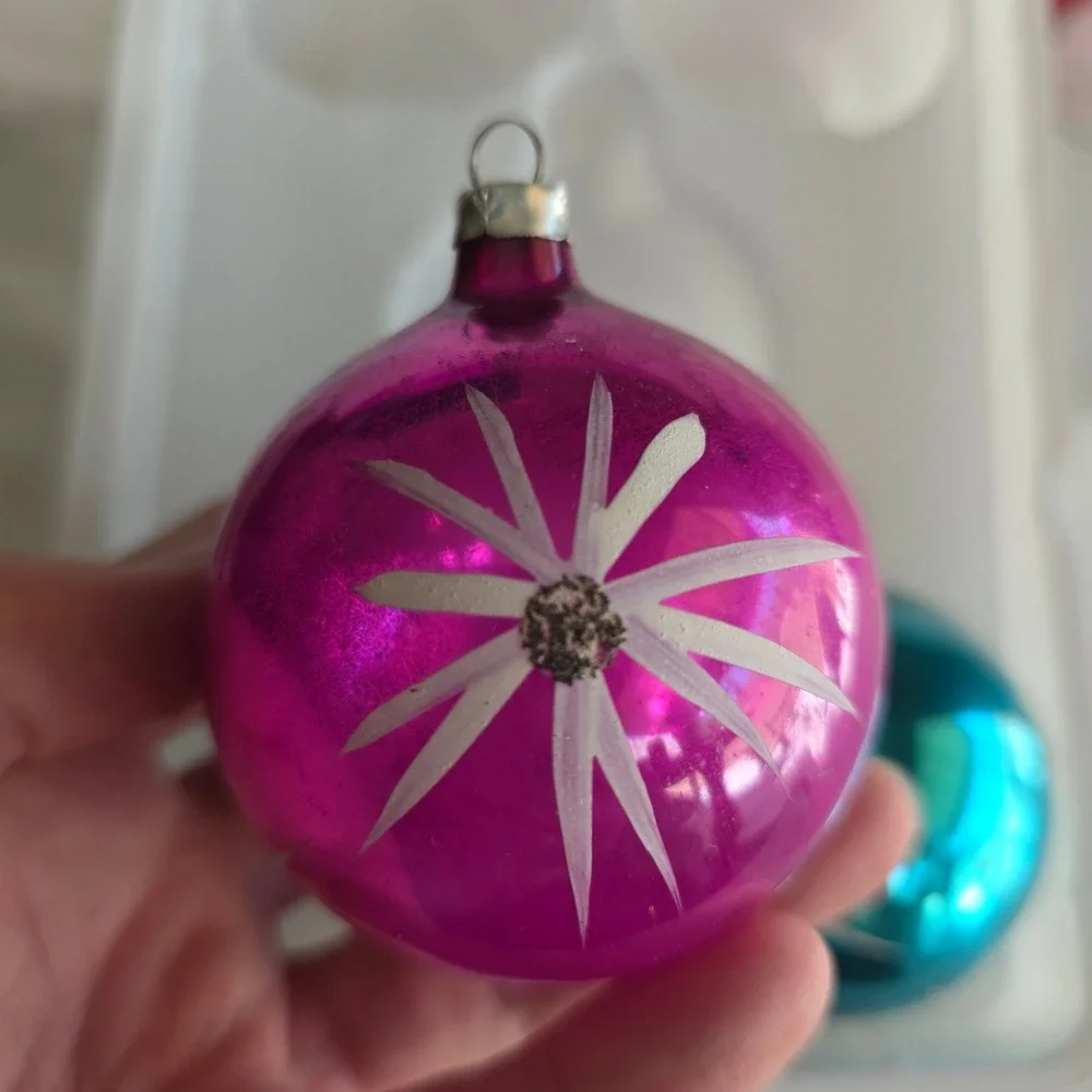2 VTG West Germany Glass Ornaments Pink Blue Starburst Mercury Glass Black Mica