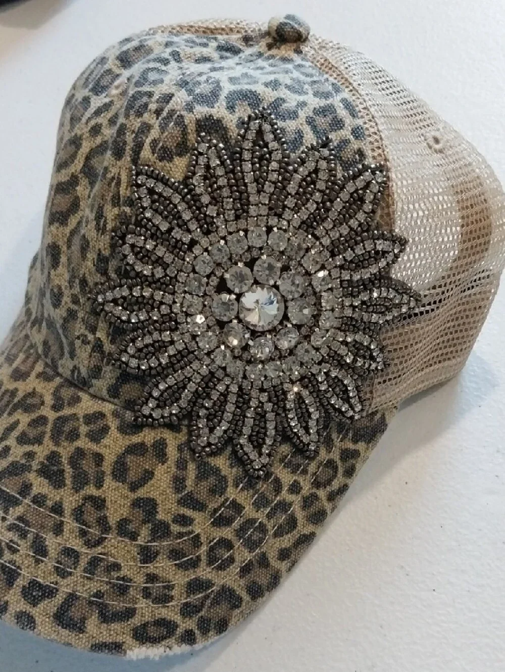 Leopard Print Large Rhinestone Floral Applique Ball Cap NWT!
