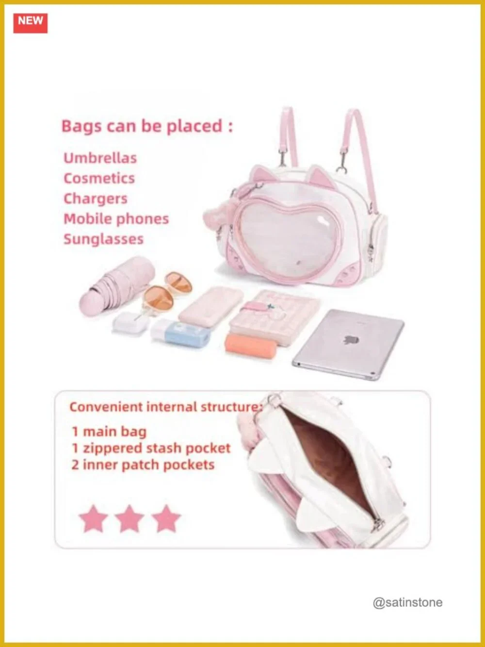 Kawaii Ita Bag Cat Pin Backpack Shoulder Crossbody Bag Anime Clear Layer Insert