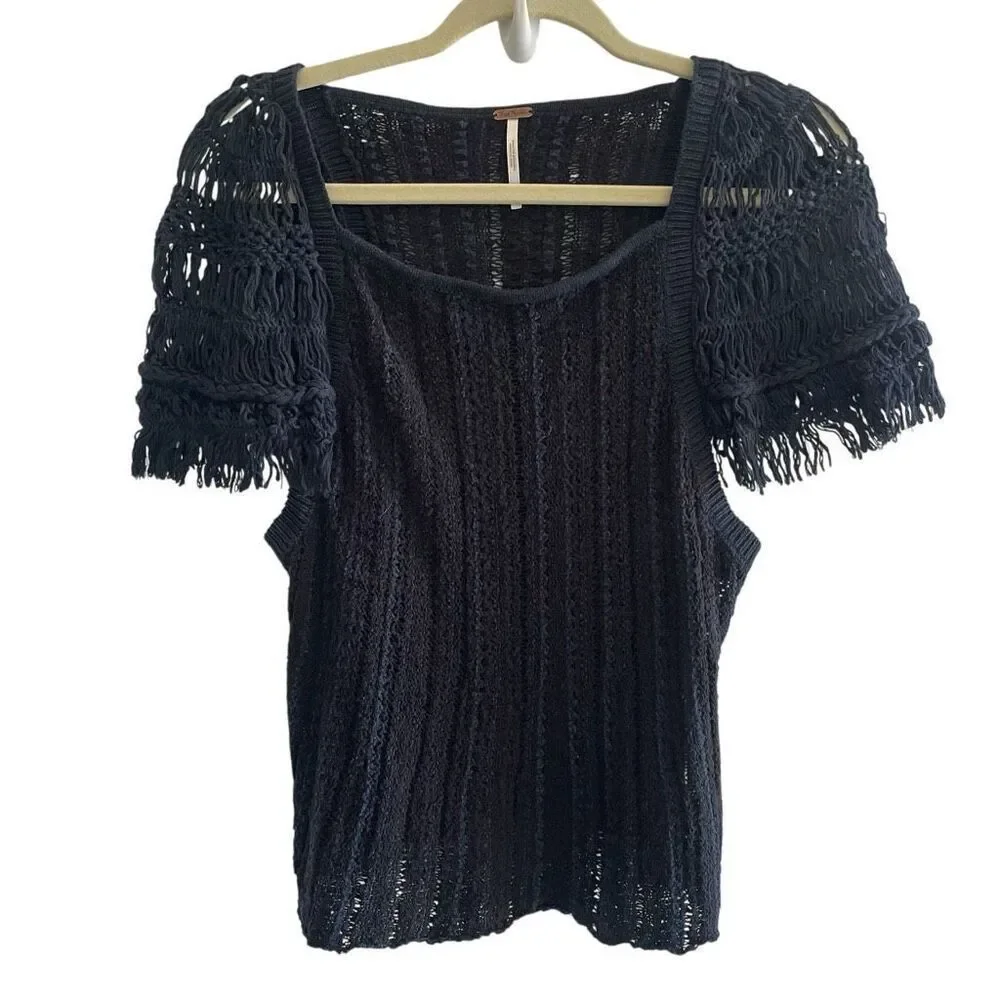 Free People Blackbird Crochet Layering Sweater Top Women’s Size Small Black