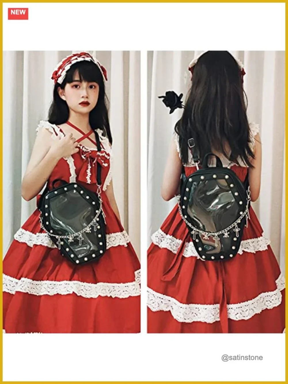 Coffin Shape Ita Bag with Clear Window Panel, Faux Leather Pin Display
