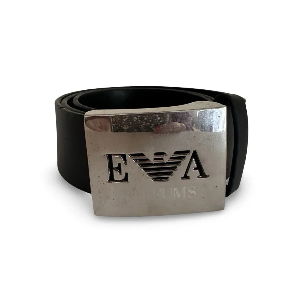 Vintage Emporio Armani Parfums Leather Belt Silver Eagle Plate Buckle 40