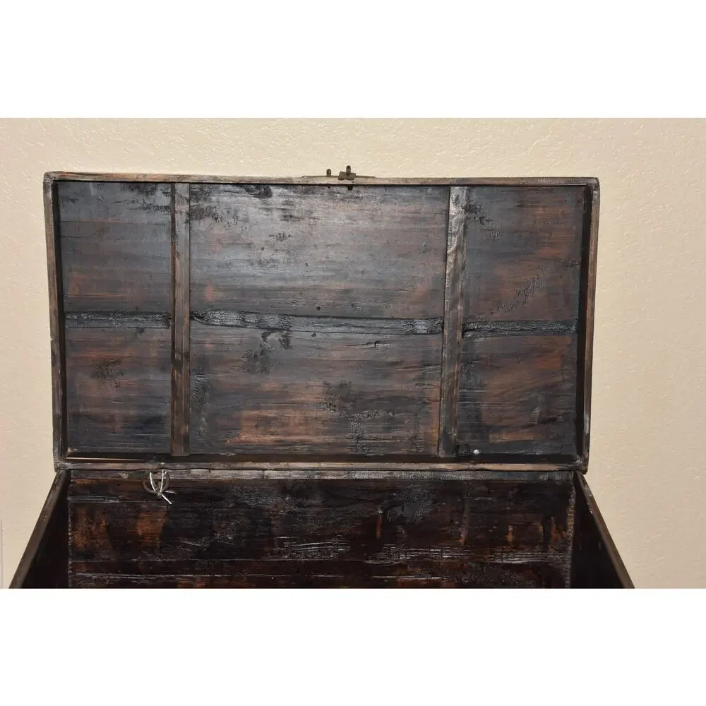 Antique Chinese Lacquer Hand Painted Coffer Carved Elm Wood Chest/Trunk