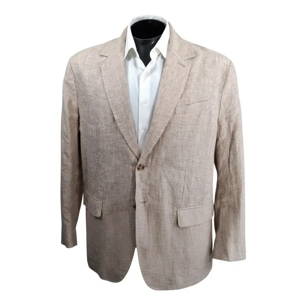Bleecker & Broad Traditional Fit Blazer Mens XL ~52L Khaki Linen Sport Coat