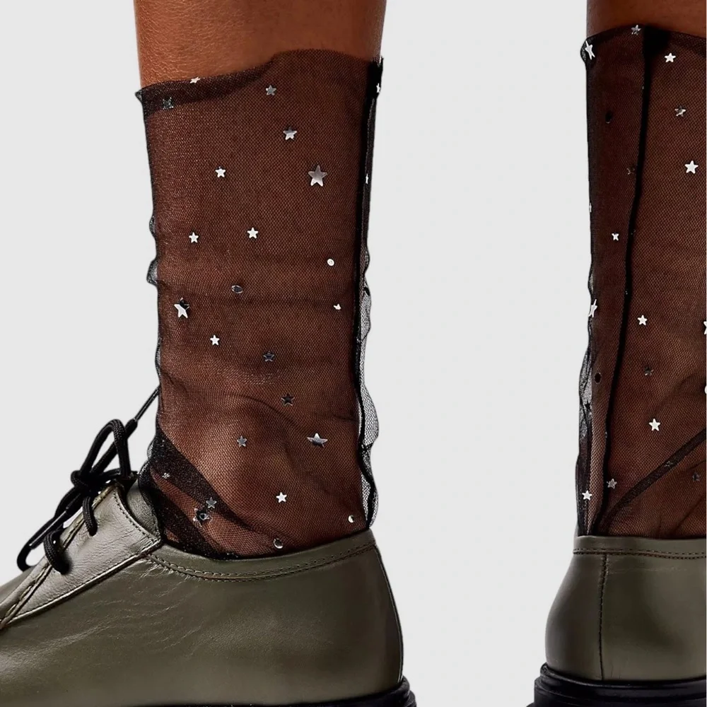 HIGH HEEL JUNGLE STARRY SKY TULLE ANKLE SOCKS BLACK OS NWT