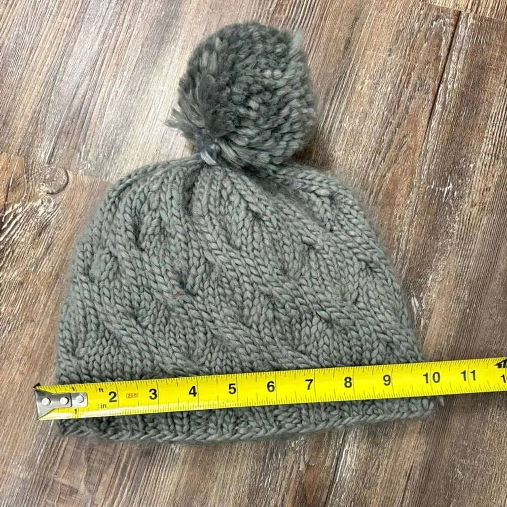 Turtle Fur Millie Marino Wool Pom Chunky Hand Knit Gray Asymmetrical Cables Hat