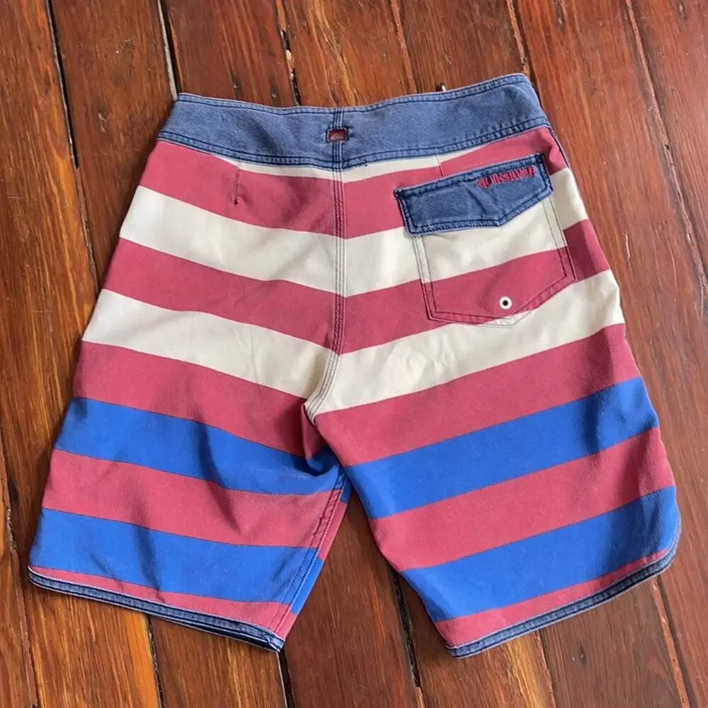 Quiksilver red white and blue striped unlined board shorts sz 28