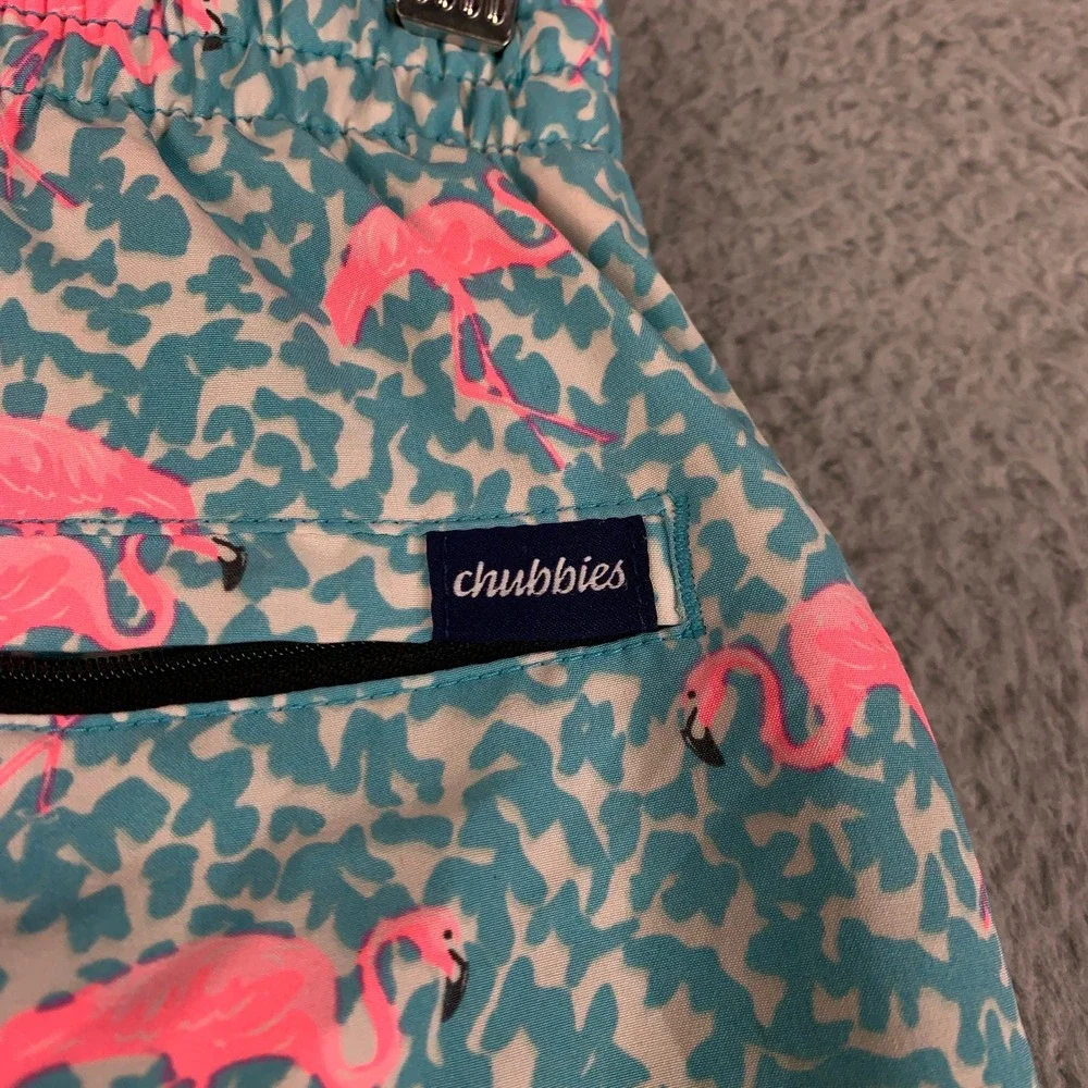 Chubbies Flamin-Gos Swim Trunks Mens Small Teal Pink Leopard Flamingo 5.5 Inseam